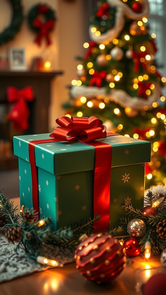 A festive Christmas gift box with decorations in a cozy living room.